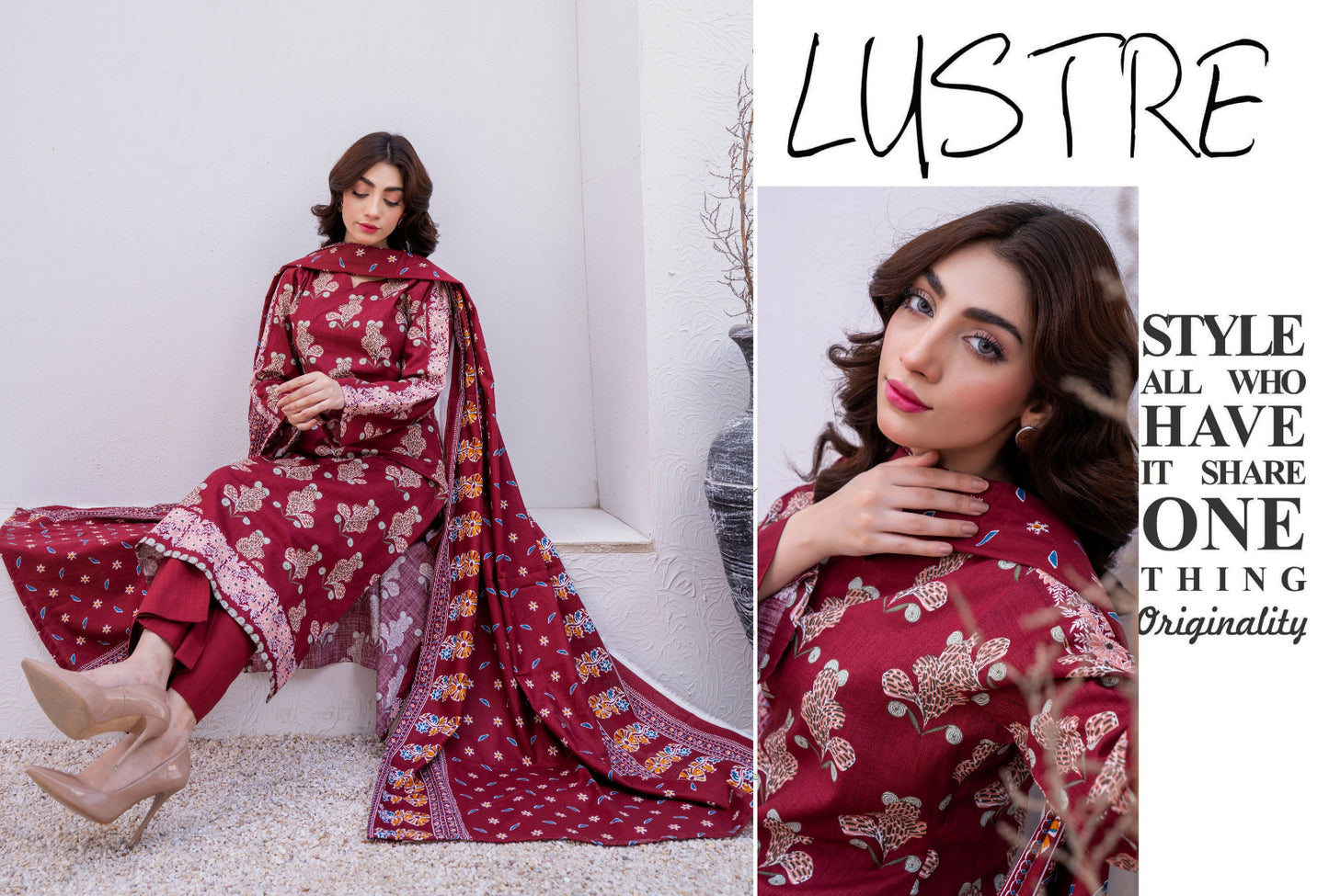 Maroon Burgundy Printed Karandi 3-Piece Unstitched Suit