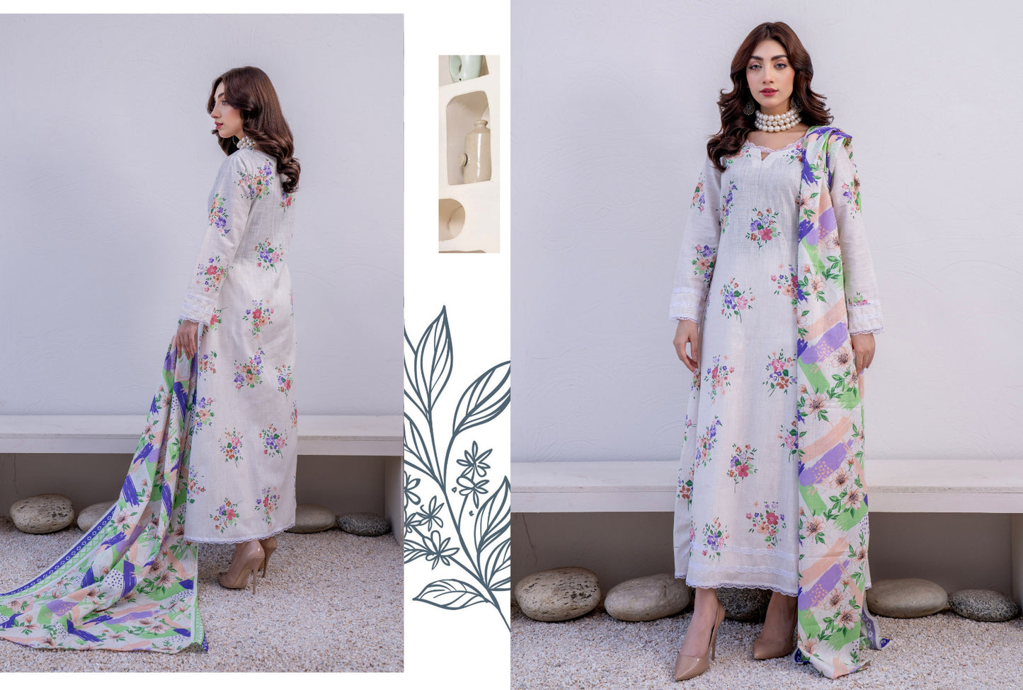 Off-White Floral Printed Karandi 3-Piece Unstitched Suit