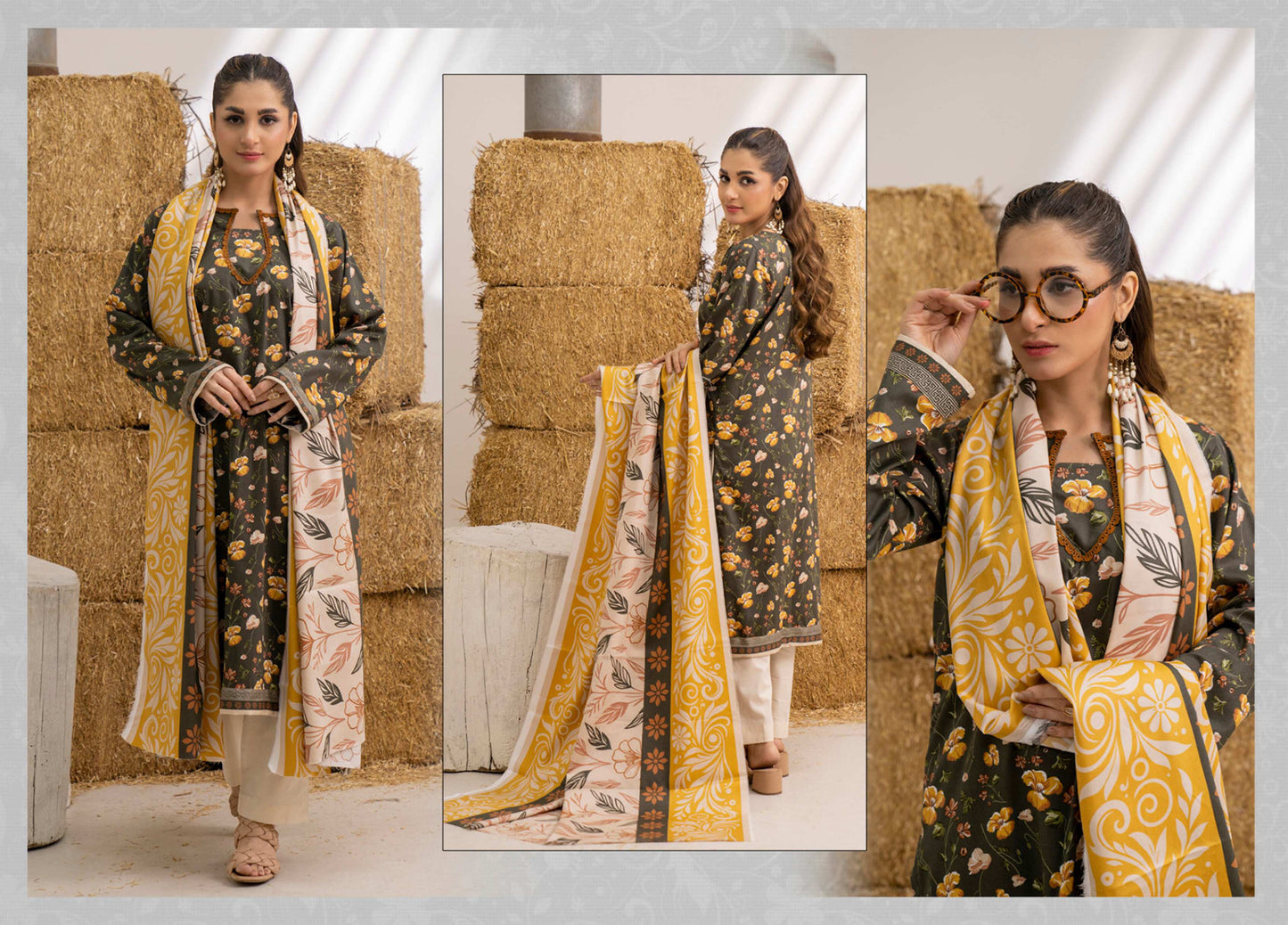 Olive Green Floral Printed Khaddar 3-Piece Unstitched Suit