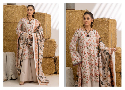 Peach Printed Khaddar 3-Piece Unstitched Suit
