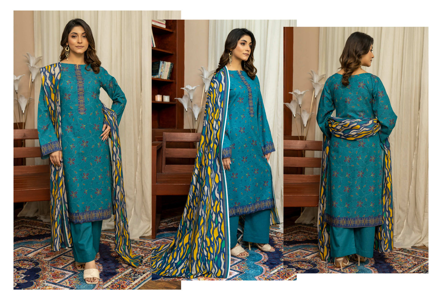 Teal Blue Printed Khaddar 3-Piece Unstitched Suit