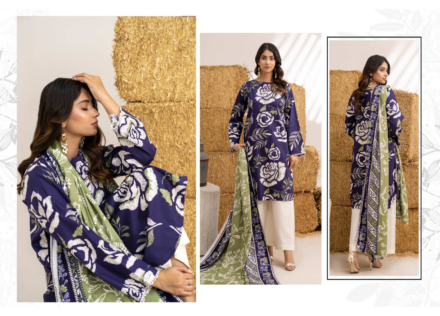 Navy Blue Floral Printed Khaddar 3-Piece Suit