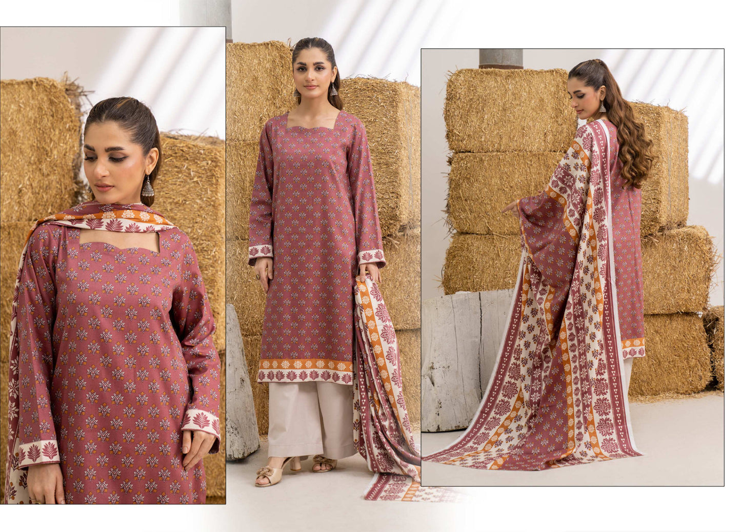 Rust Maroon Floral Printed Khaddar 3-Piece Suit
