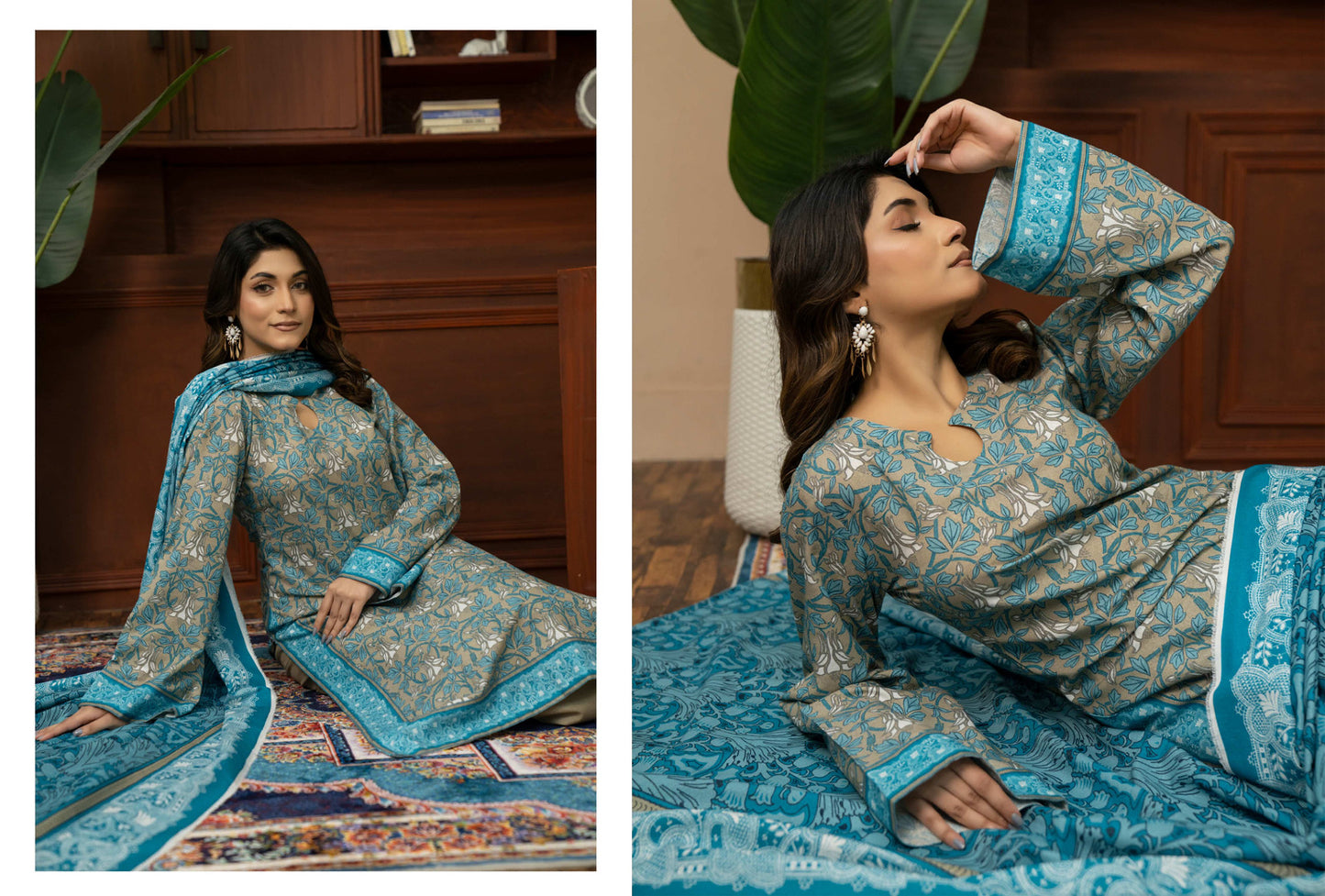 Turquoise Blue Printed Khaddar 3-Piece Unstitched Suit