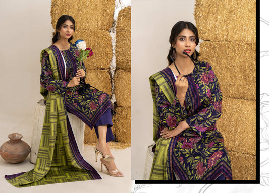 Dark Purple Printed Khaddar 3-Piece Unstitched Suit