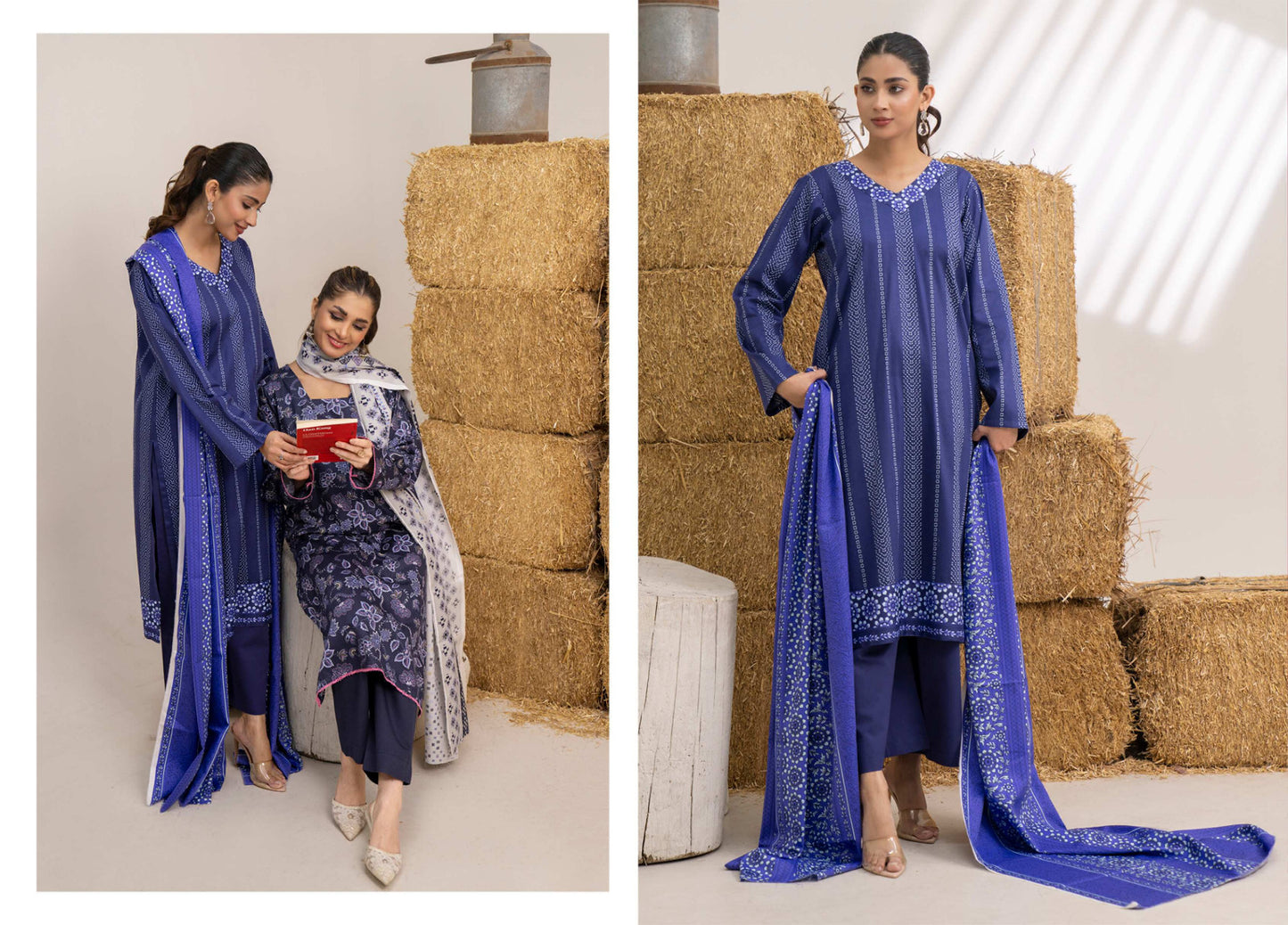 Royal Blue Printed Khaddar 3-Piece Unstitched Suit
