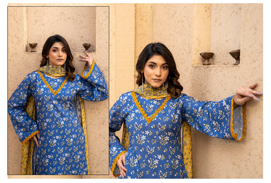 Deep Blue Floral Printed Kotry 3-Piece Suit