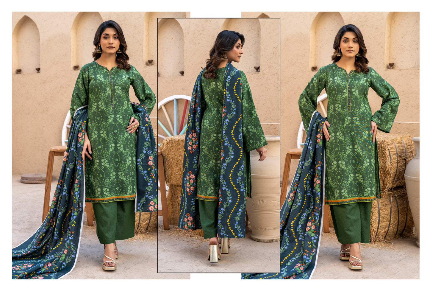 Green Printed Kotry 3-Piece Suit
