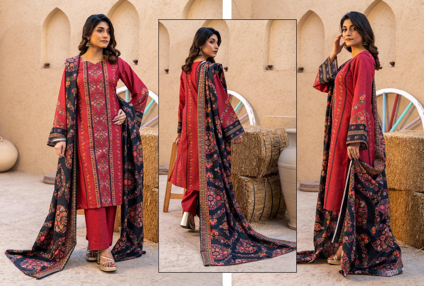 Maroon Printed Kotry 3-Piece Suit