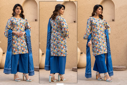 Light Grey Floral Printed Kotry 3-Piece Suit