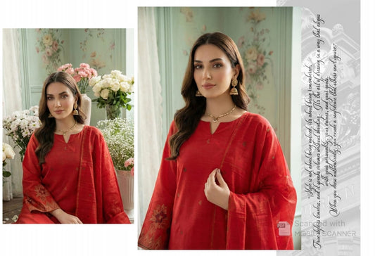 Vibrant Red with Golden Accents Bana Dora Unstitched 3-Piece Suit