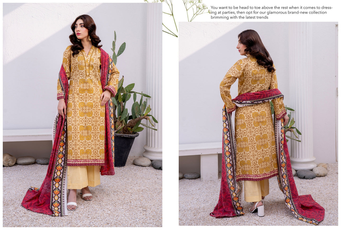 Mustard Gold Printed Karandi 3-Piece Unstitched Suit