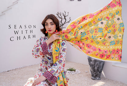 Off-White Paisley Printed Karandi 3-Piece Unstitched Suit