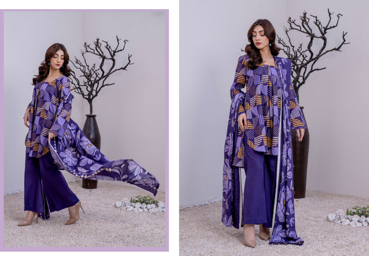 Navy Blue Geometric Printed Karandi 3-Piece Unstitched Suit