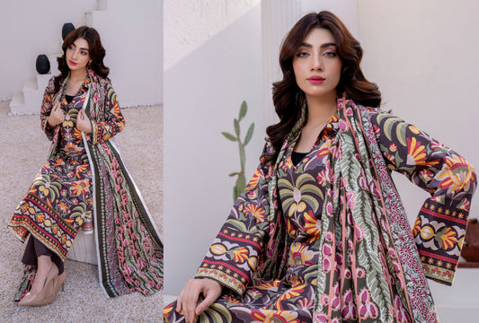 Earth Tone Floral Printed Karandi 3-Piece Unstitched Suit