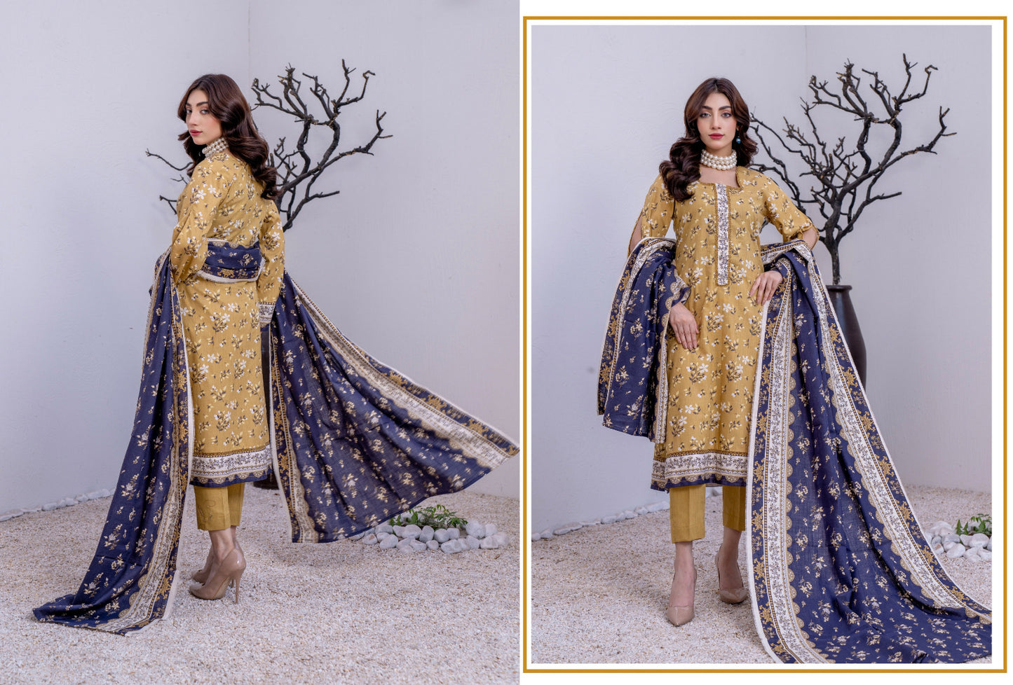 Mustard Floral Printed Karandi 3-Piece Unstitched Suit