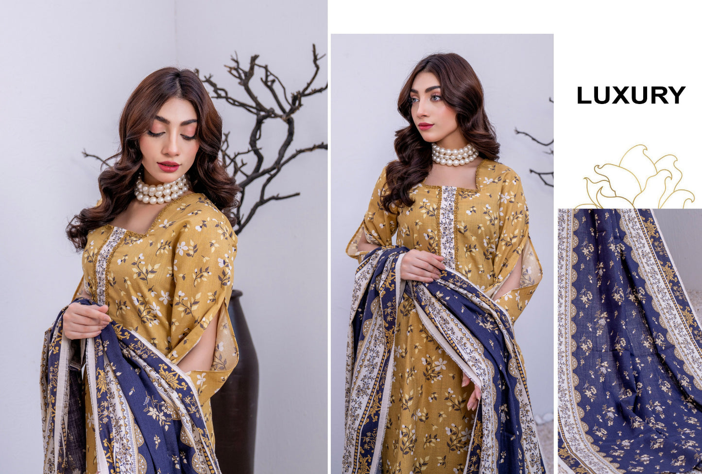 Mustard Floral Printed Karandi 3-Piece Unstitched Suit