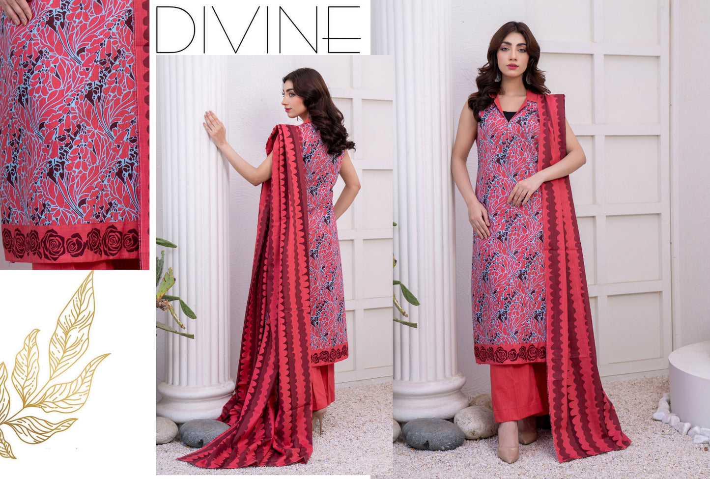 Maroon Burgundy Printed Karandi 3-Piece Unstitched Suit