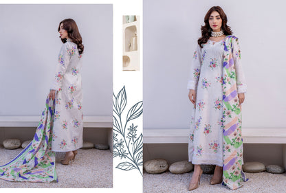 Off-White Floral Printed Karandi 3-Piece Unstitched Suit