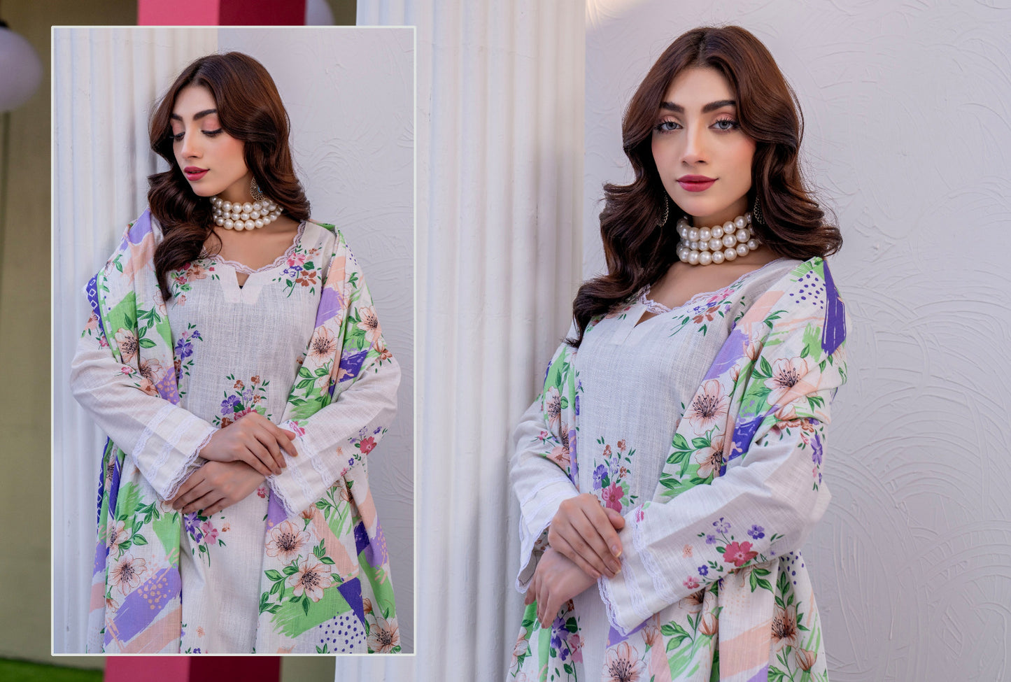 Off-White Floral Printed Karandi 3-Piece Unstitched Suit