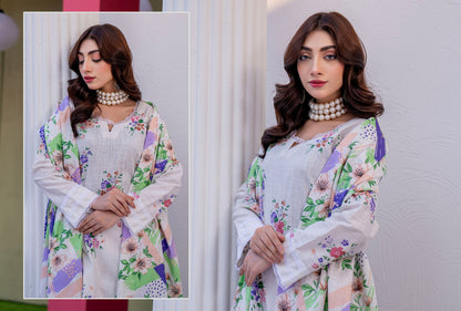 Off-White Floral Printed Karandi 3-Piece Unstitched Suit