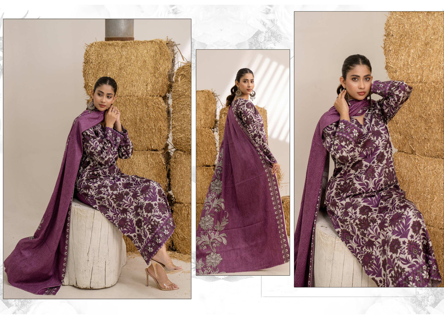 Purple Printed Khaddar 3-Piece Unstitched Suit
