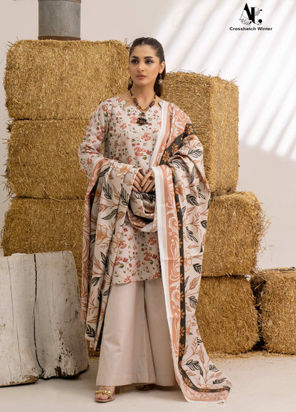 Peach Printed Khaddar 3-Piece Unstitched Suit