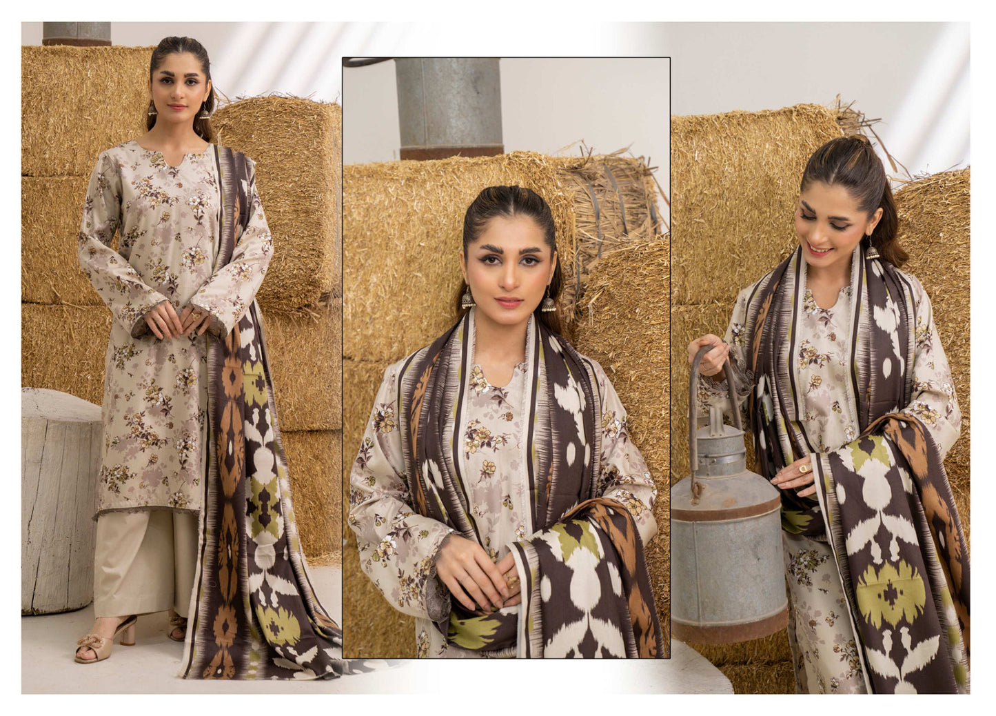 Beige Printed Khaddar 3-Piece Unstitched Suit