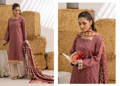 Rust Maroon Floral Printed Khaddar 3-Piece Suit