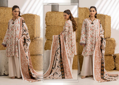 Peach Printed Khaddar 3-Piece Unstitched Suit