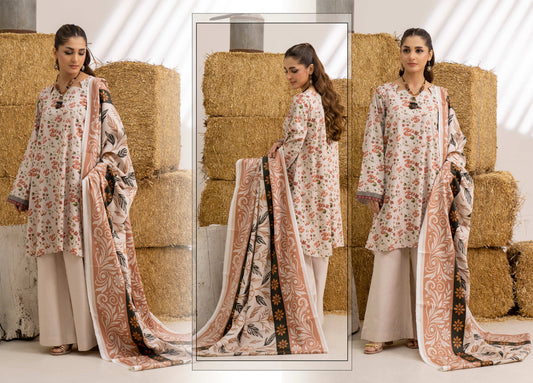 Peach Printed Khaddar 3-Piece Unstitched Suit
