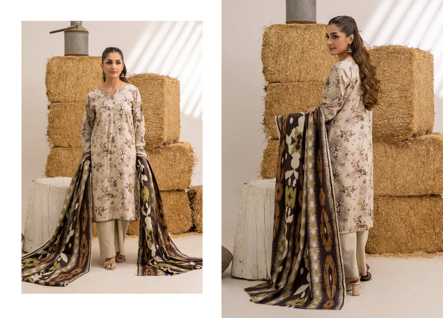Beige Printed Khaddar 3-Piece Unstitched Suit