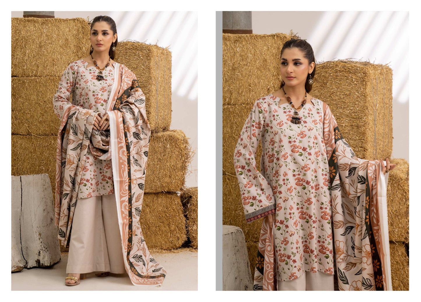 Peach Printed Khaddar 3-Piece Unstitched Suit