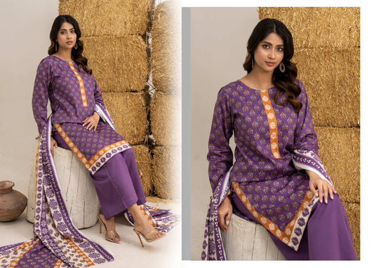 Purple Printed Khaddar 3-Piece Unstitched Suit