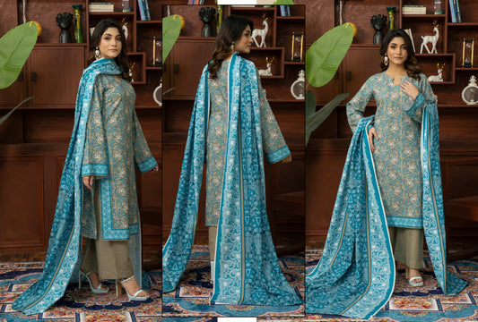 Turquoise Blue Printed Khaddar 3-Piece Unstitched Suit