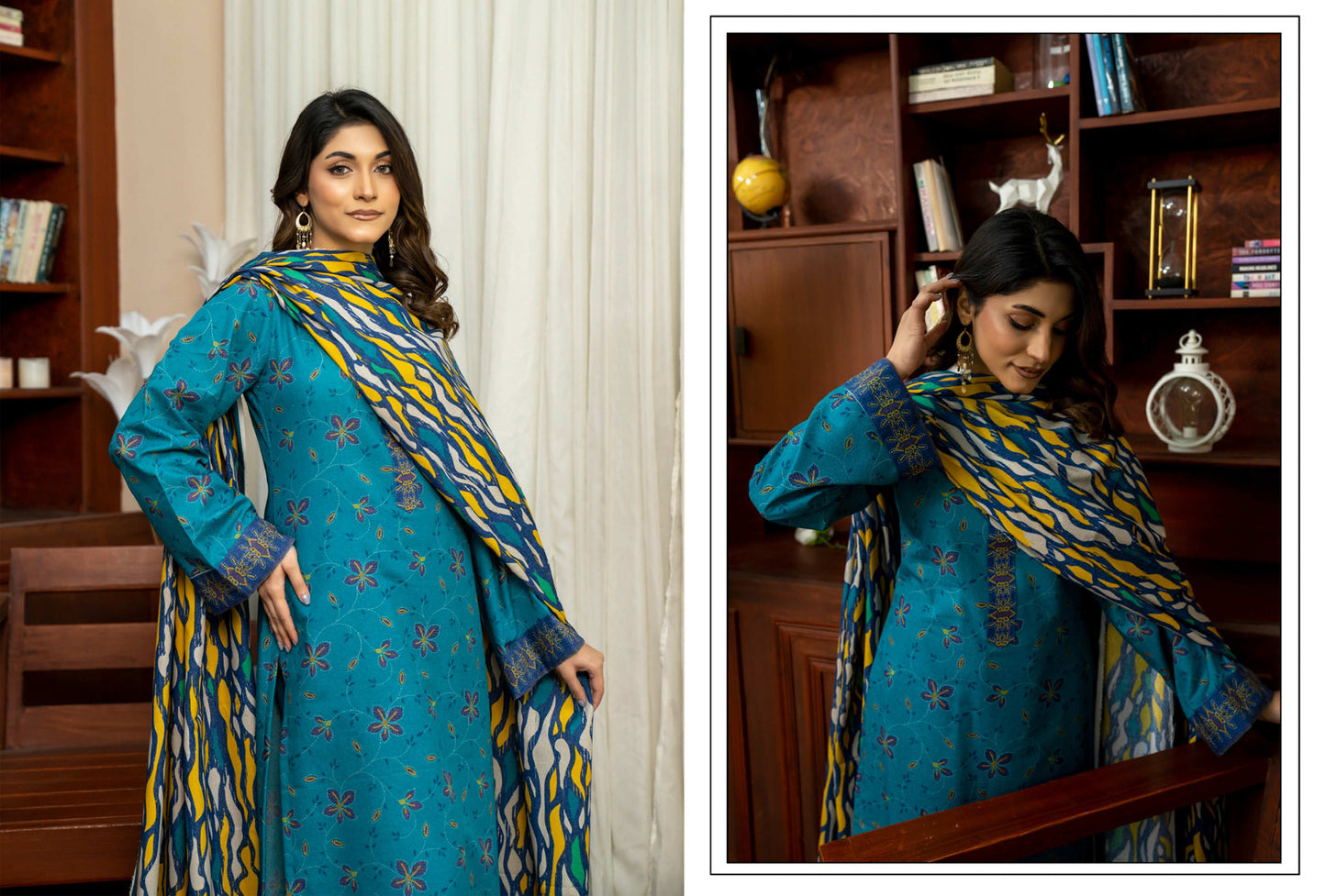 Teal Blue Printed Khaddar 3-Piece Unstitched Suit