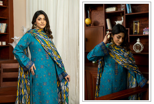 Teal Blue Printed Khaddar 3-Piece Unstitched Suit