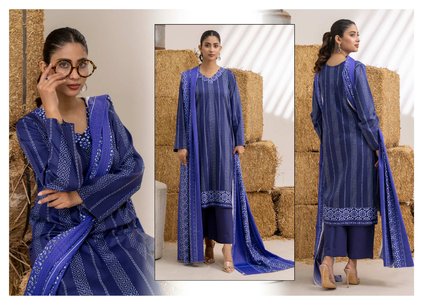 Royal Blue Printed Khaddar 3-Piece Unstitched Suit