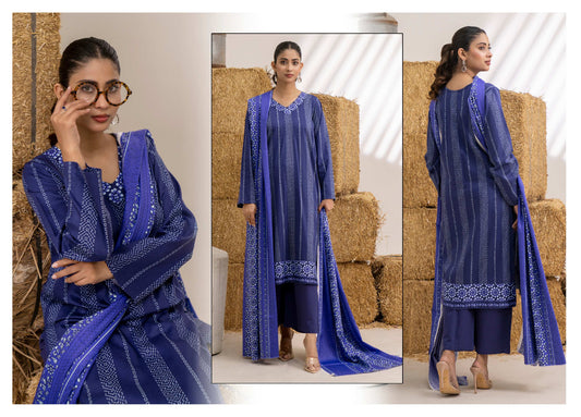 Royal Blue Printed Khaddar 3-Piece Unstitched Suit