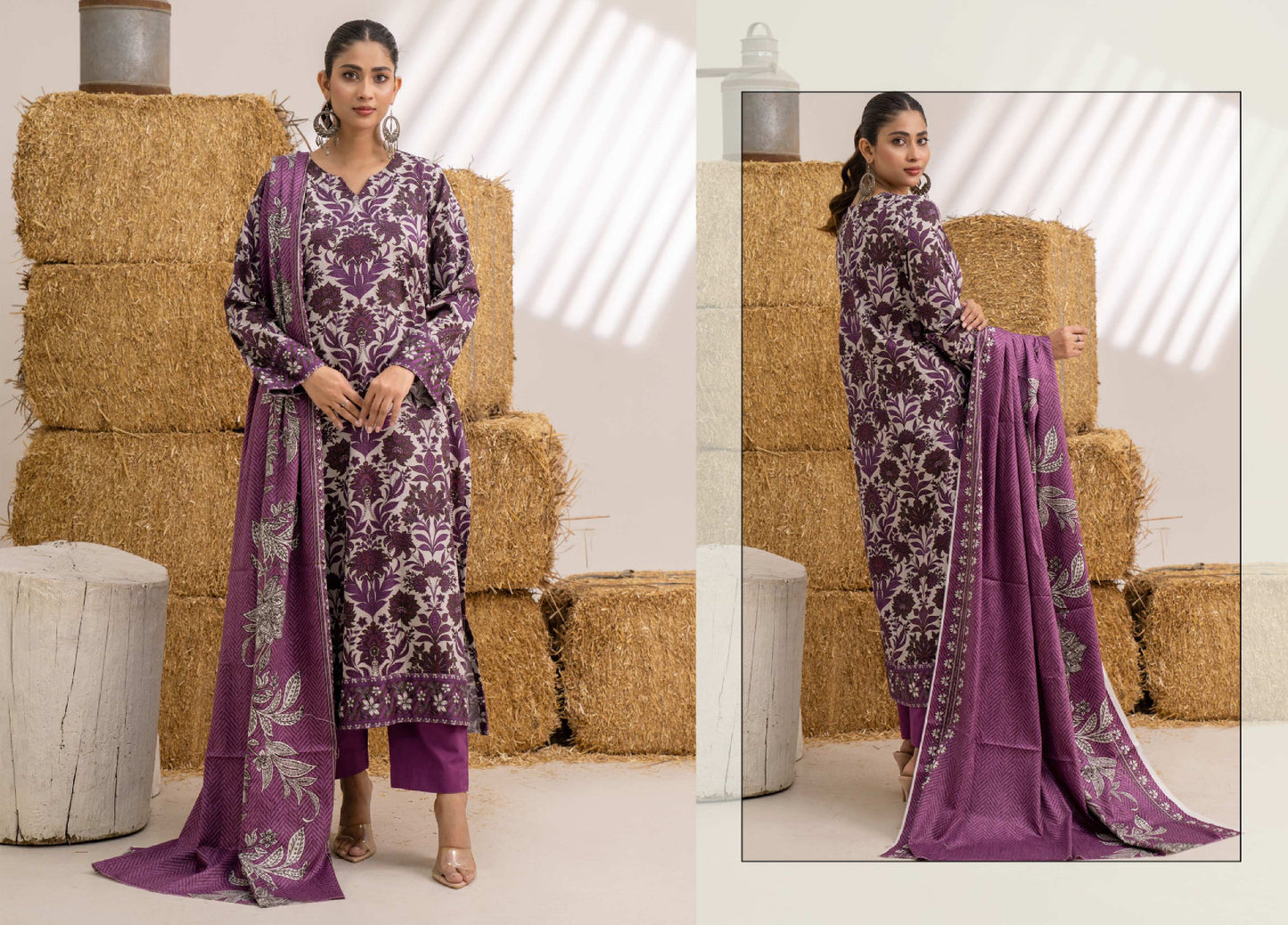 Purple Printed Khaddar 3-Piece Unstitched Suit