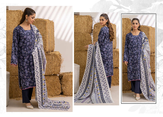 Deep Navy Floral Printed Khaddar 3-Piece Unstitched Suit