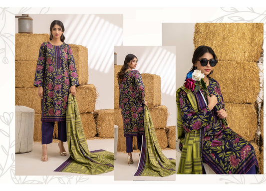 Dark Purple Printed Khaddar 3-Piece Unstitched Suit
