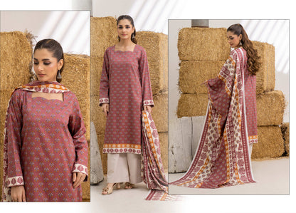 Rust Maroon Floral Printed Khaddar 3-Piece Suit