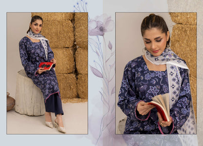 Deep Navy Floral Printed Khaddar 3-Piece Unstitched Suit