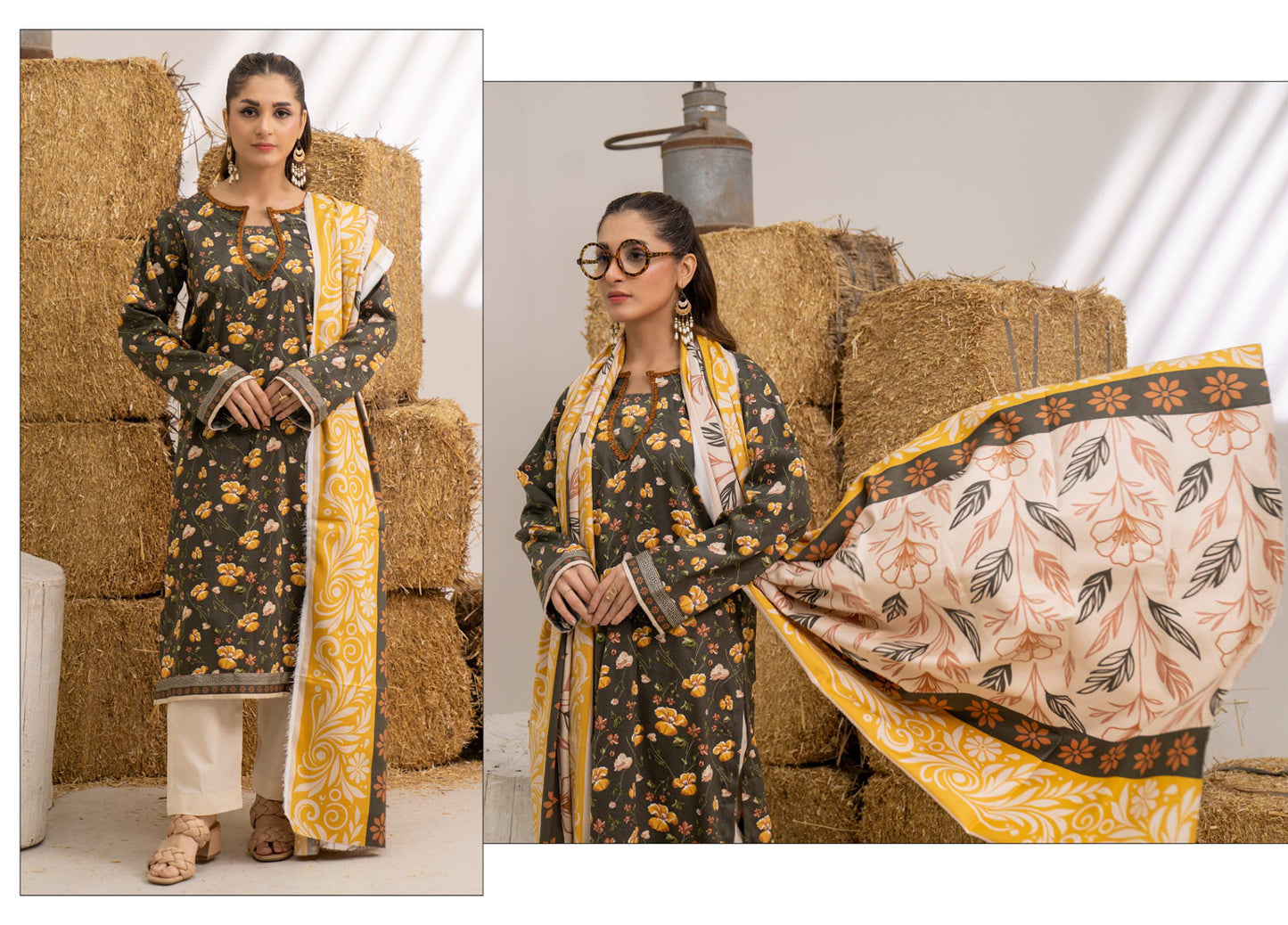 Olive Green Floral Printed Khaddar 3-Piece Unstitched Suit