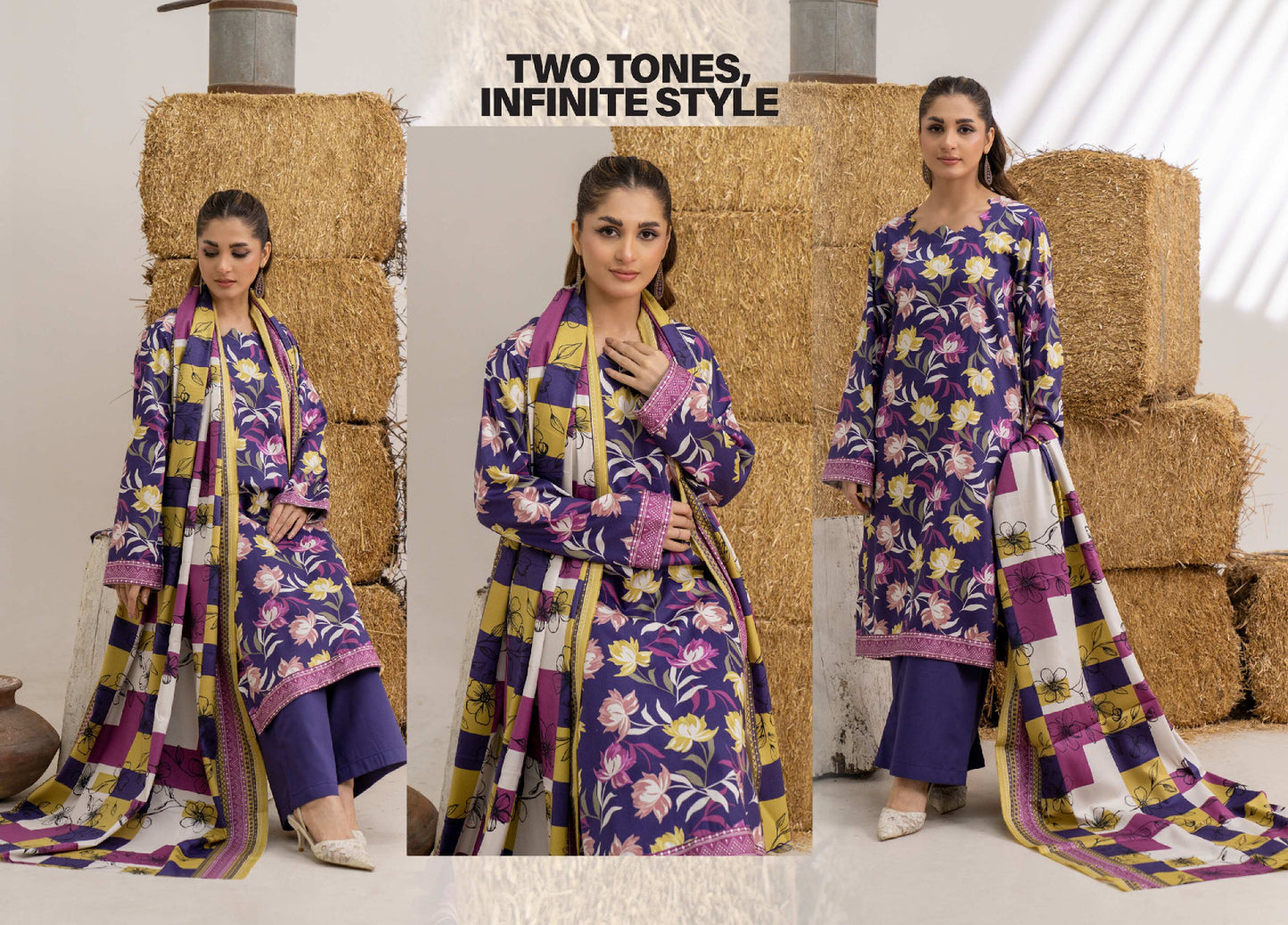 Deep Purple Floral Printed Khaddar 3-Piece Unstitched Suit