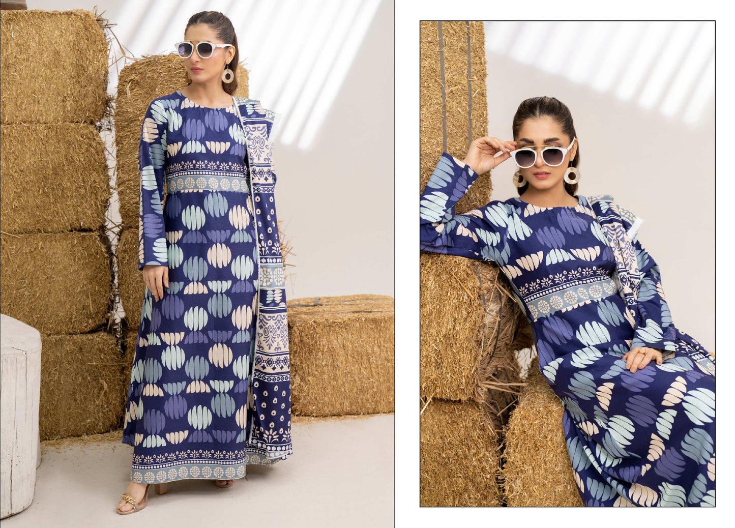 Deep Navy Geometric Printed Khaddar 3-Piece Unstitched Suit