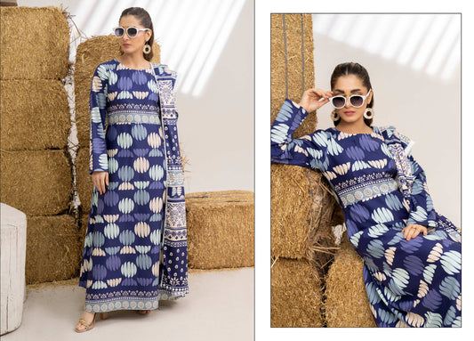Deep Navy Geometric Printed Khaddar 3-Piece Unstitched Suit