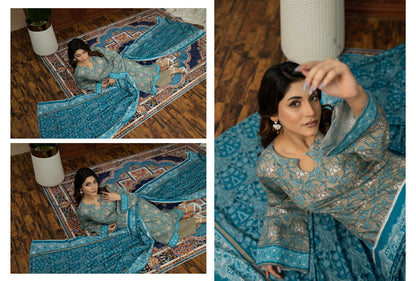 Turquoise Blue Printed Khaddar 3-Piece Unstitched Suit