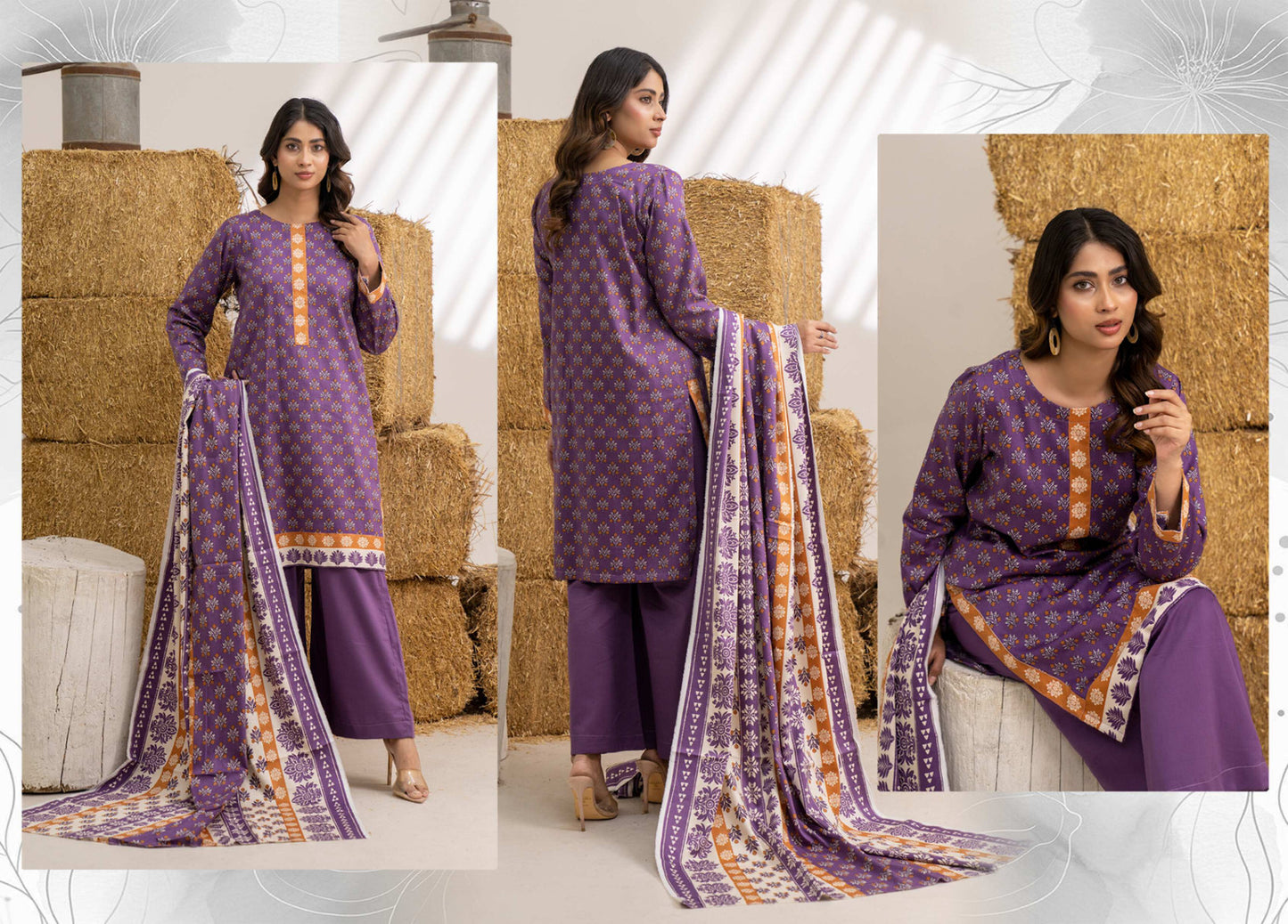 Purple Printed Khaddar 3-Piece Unstitched Suit